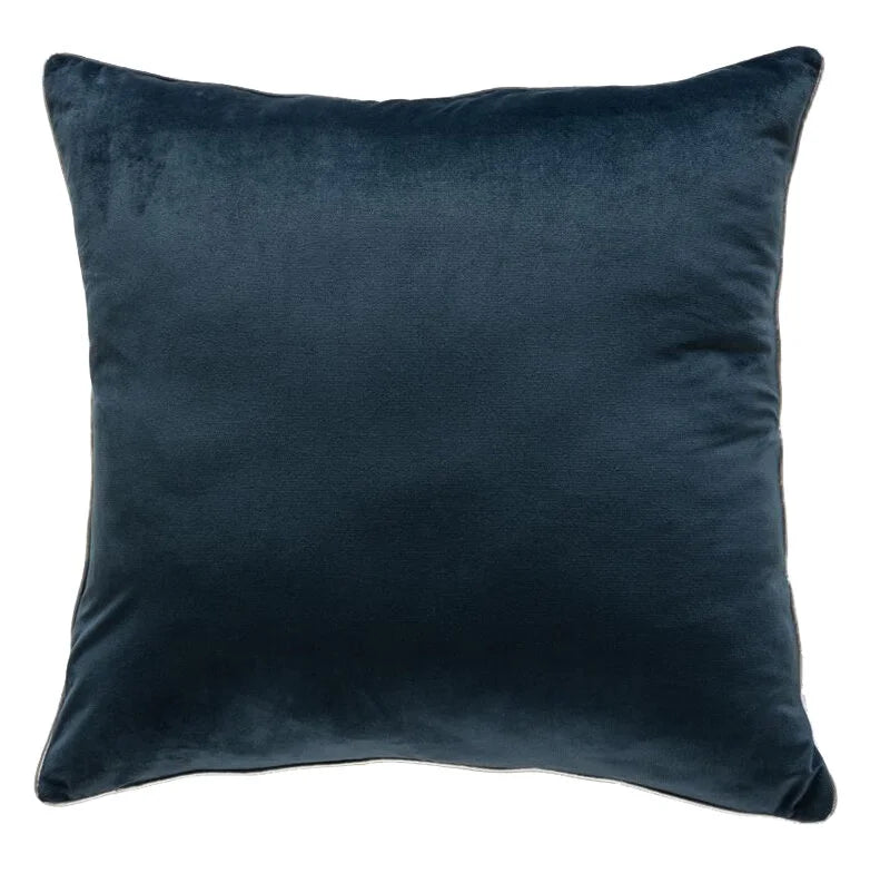 Noah Pillow in Navy Silver, front view of square velvet cushion with silver piping