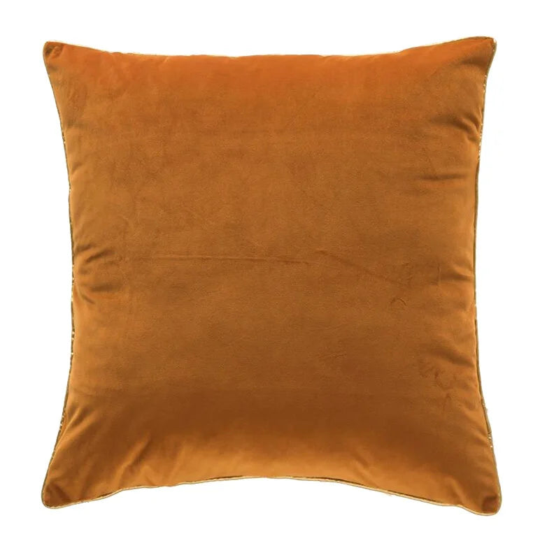 Noah Pillow in orange, front view of square velvet cushion with gold piping
