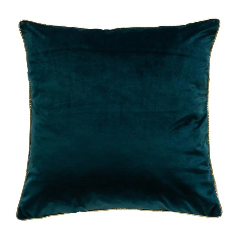 Noah Pillow in Teal Gold, front view of square velvet cushion with gold piping