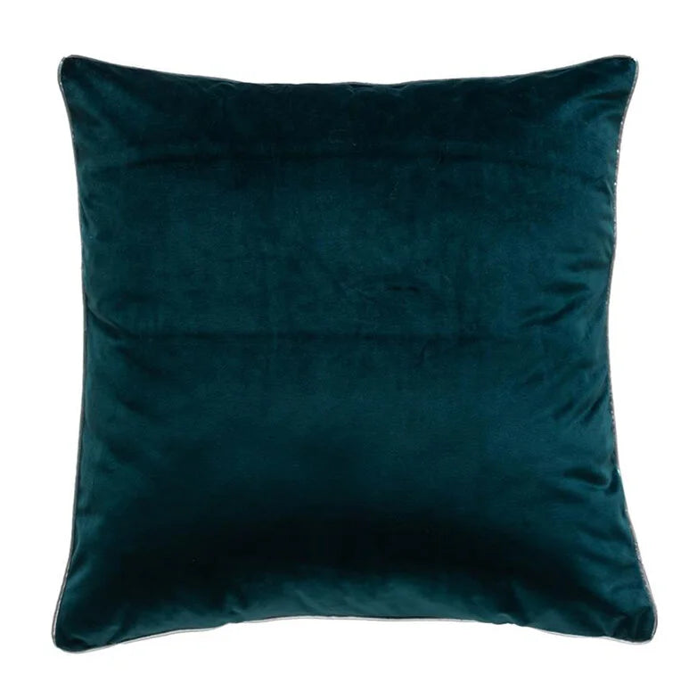 Noah Pillow in Teal Silver, front view of square velvet cushion with silver piping