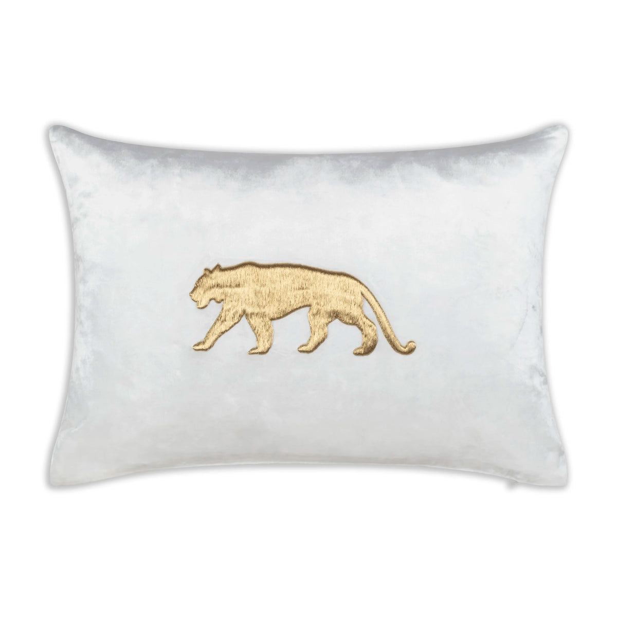 Rica Embroidered Pillow Lumbar in Ivory Gold with a single gold embroidered leopard