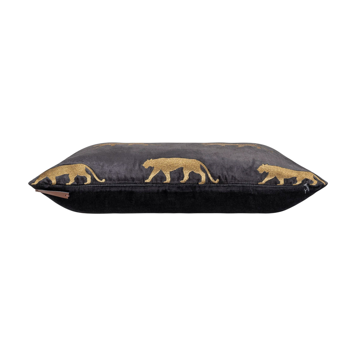 Rica Ivory Gold Embroidered Pillow in Black with gold leopards, side profile