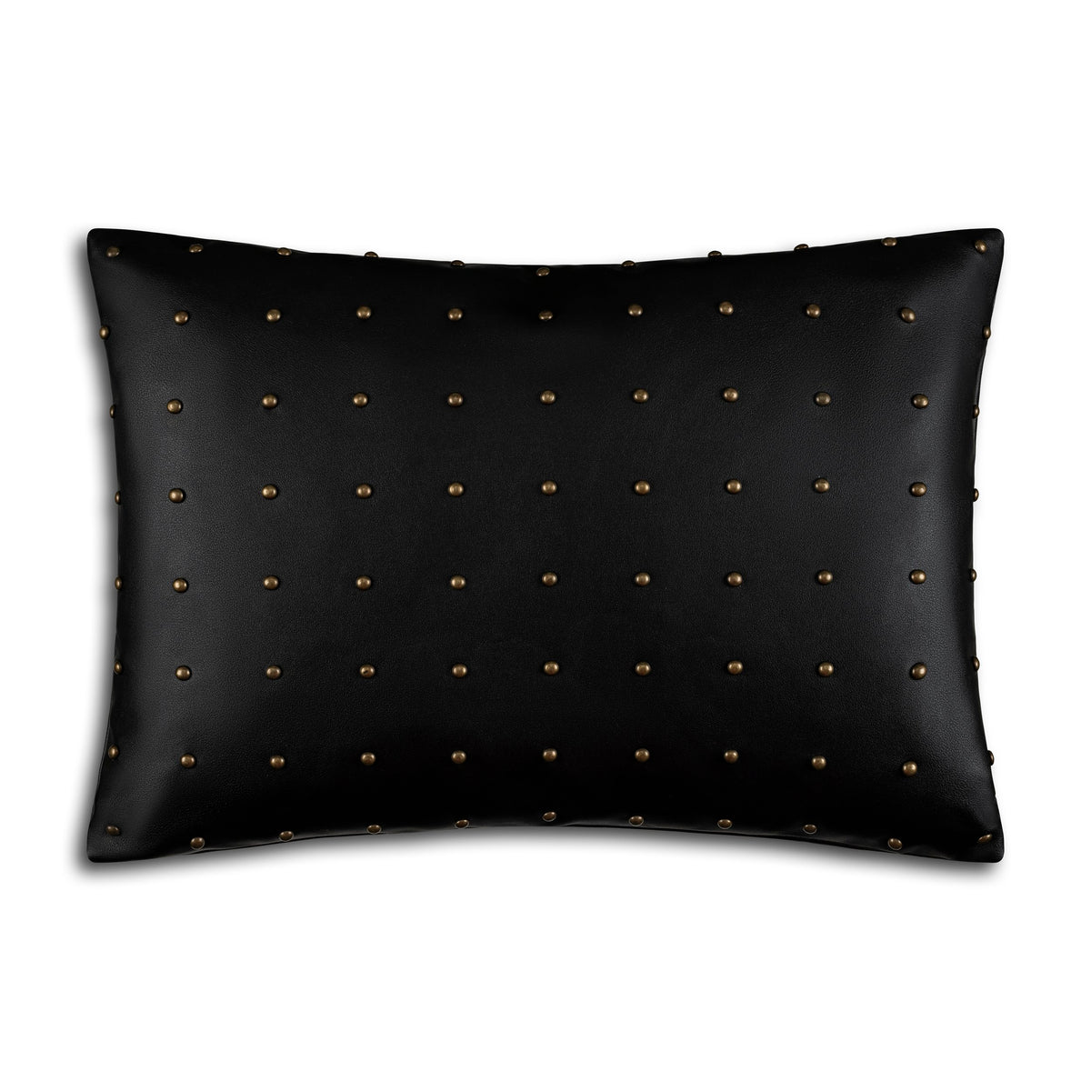 Riley Studded Black Pillow, front view of the black leather with brass studs