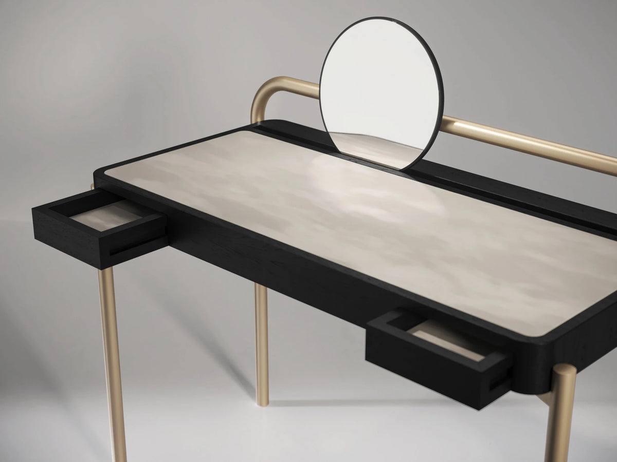 Roll Desk drawer and suede top detail by Maison Burgos