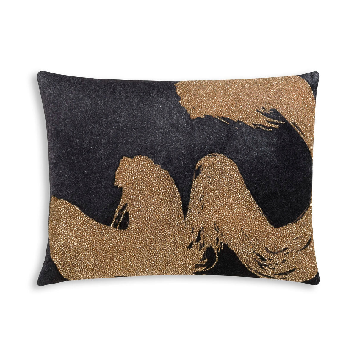 Sayra Pillow in Black velvet with gold beaded brushstroke design, front view