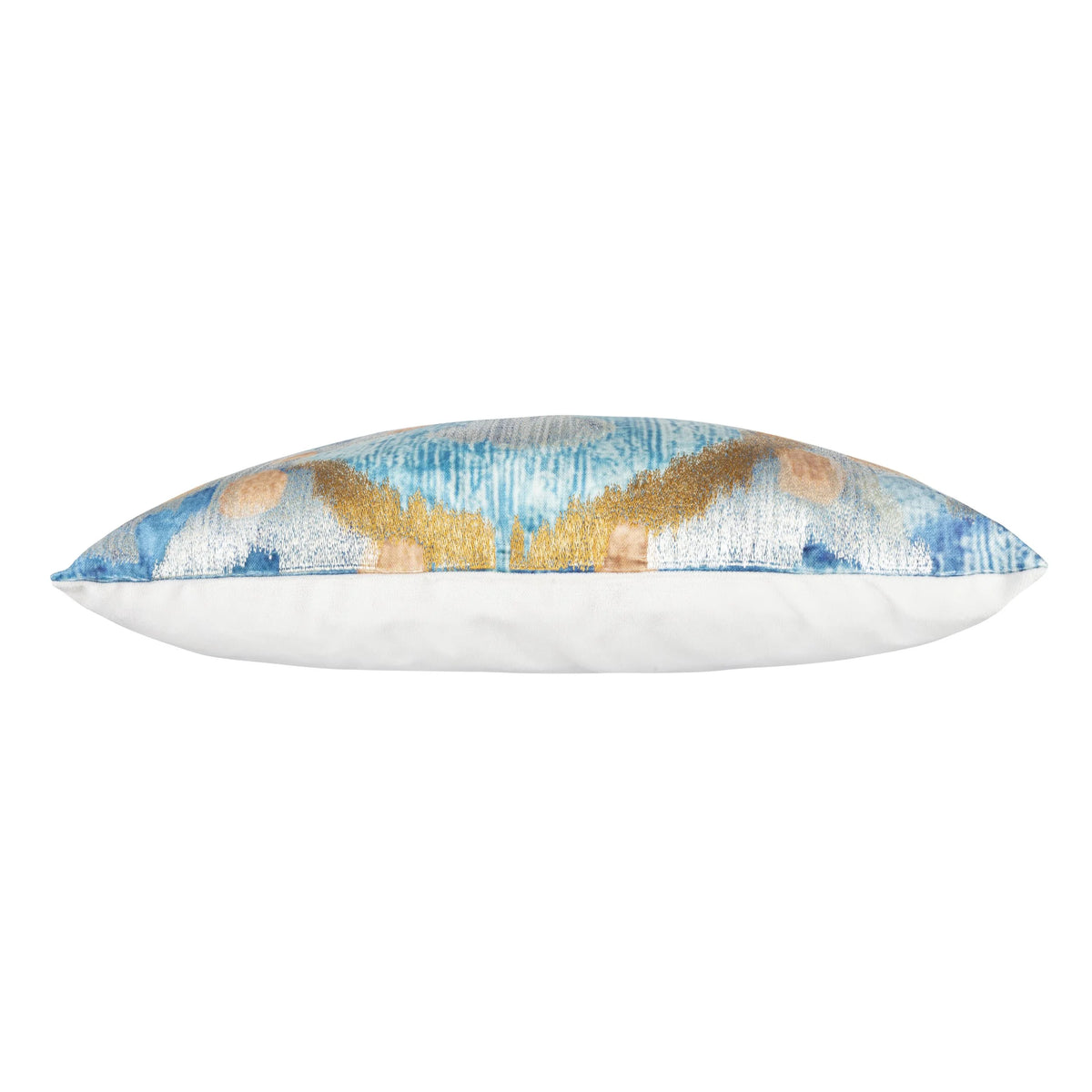 Serino Blue Velvet Pillow, side profile with blue and gold pattern
