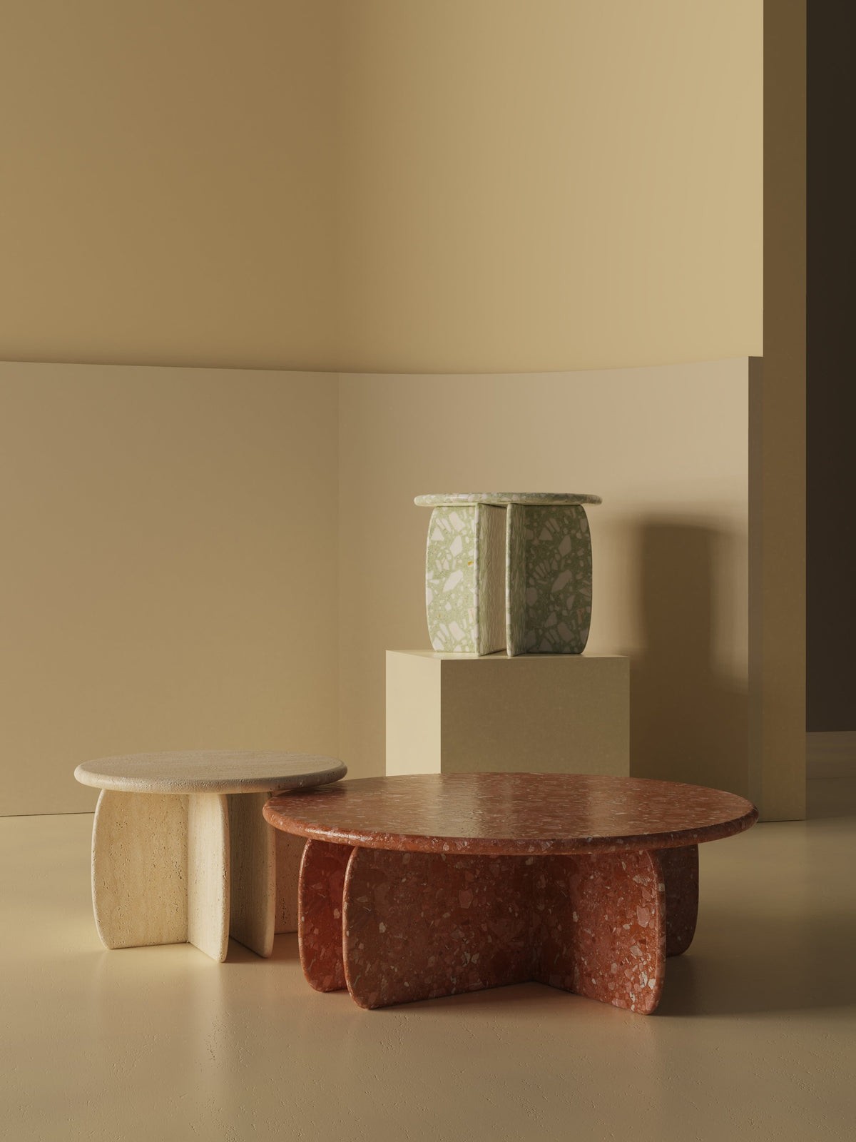 Catus Side Table - Outdoor set in Travertine and Terrazzo Red with a terrazzo stool