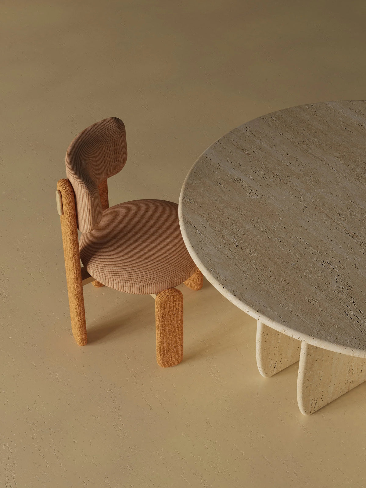 Catus Dining Table - Outdoor in Travertine with a rust upholstered chair
