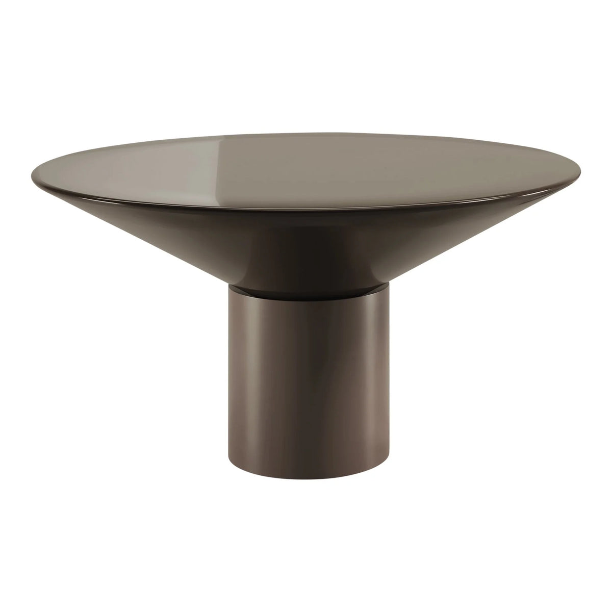 Silo Dining Table in taupe gloss lacquer, front view of the flared top and cylinder base