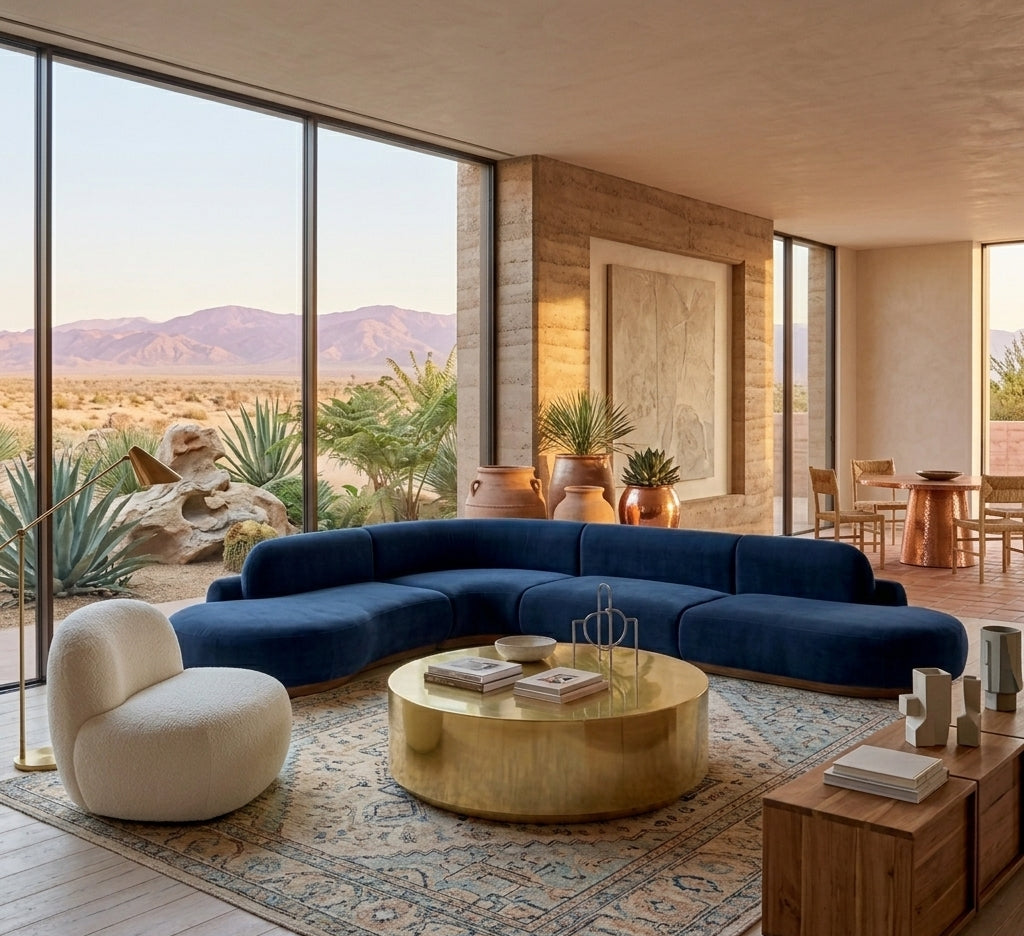 Sphere Coffee Table in Gold Polished in a desert-view living room with a blue sectional