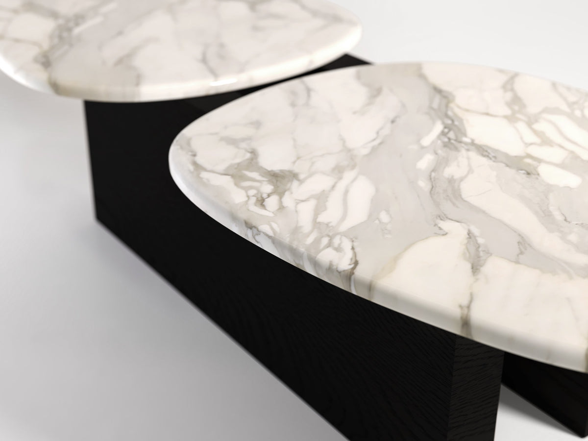 Taras Coffee Table close-up of the white marble edge over the black-stained base
