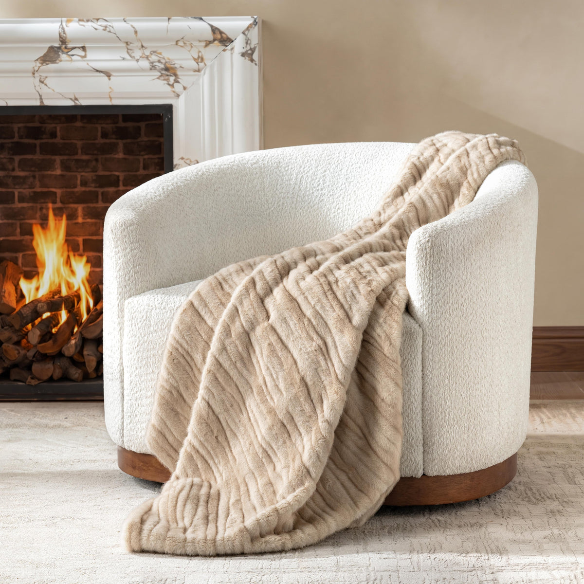 Mink Beige Throw – warm beige ribbed faux-fur throw, 50 x 60 inches