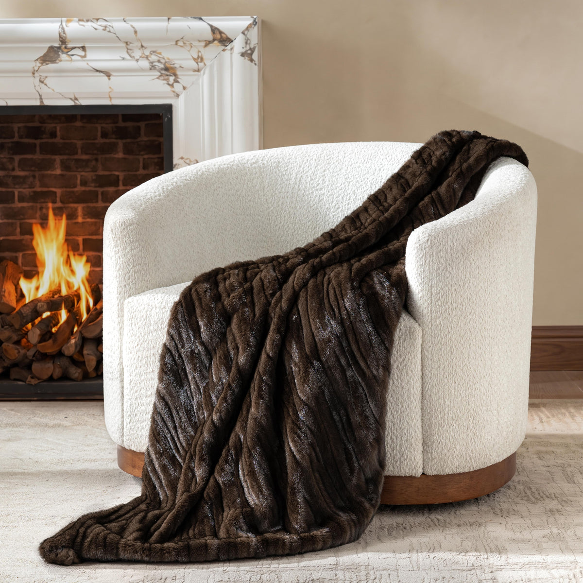 Mink Brown Throw – chocolate brown ribbed faux-fur throw, 50 x 60 inches