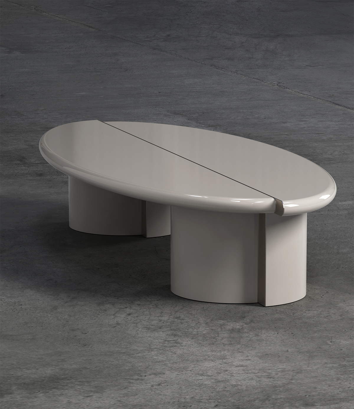 Tayma Coffee Table in grey lacquer on dark concrete, three-quarter view