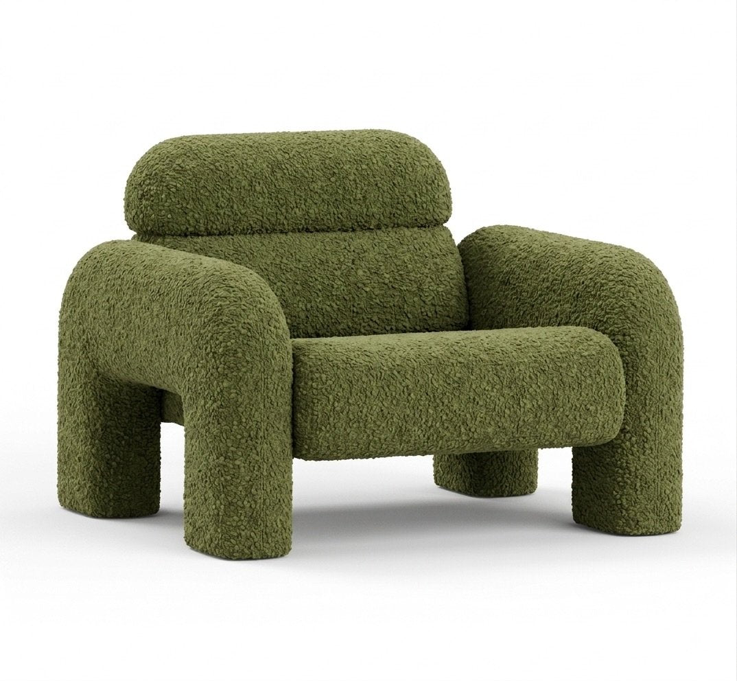 Vertigo Armchair in Erba green bouclé, three-quarter view