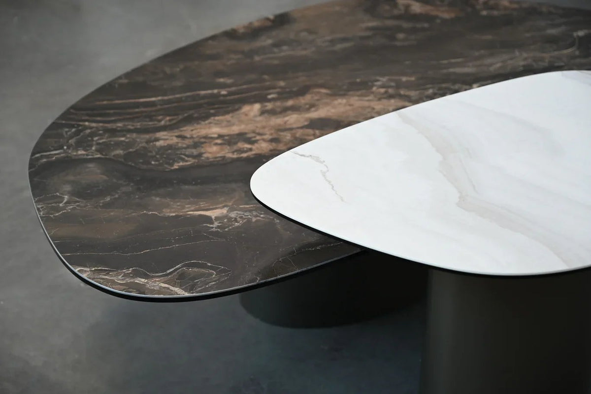Argon Coffee Table close-up of nested dark and white marble tops