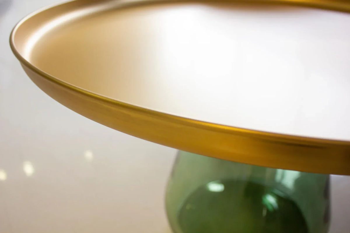 Duverre Coffee Table close-up of the brass tray rim over green glass