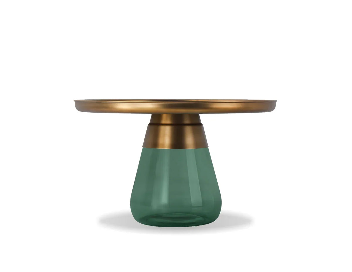 Duverre Coffee Table in Brass Aluminum Green Glass, front view on white