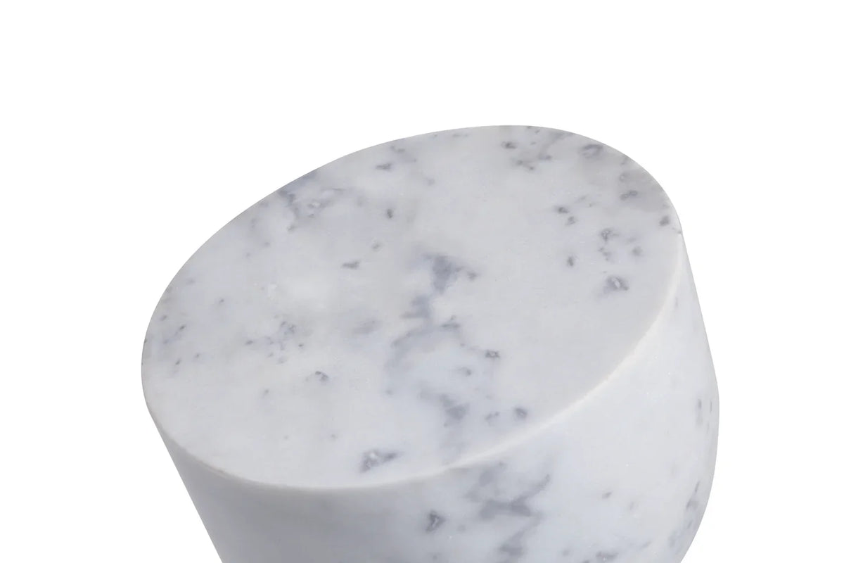 Apothecary End Table in White Marble, close-up of the flat round top