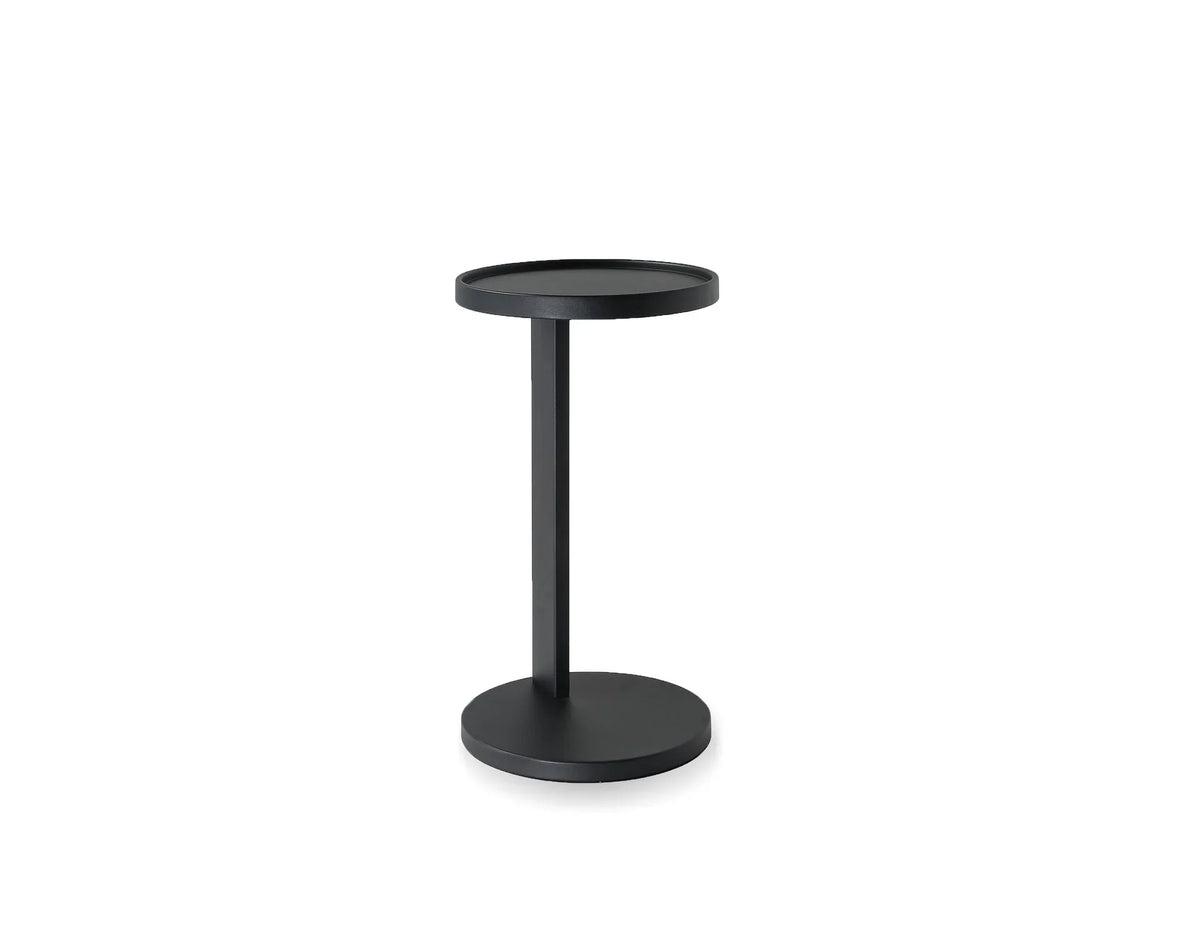 Rookie End Table in Matte Black, round tray top on slim stem and disc base
