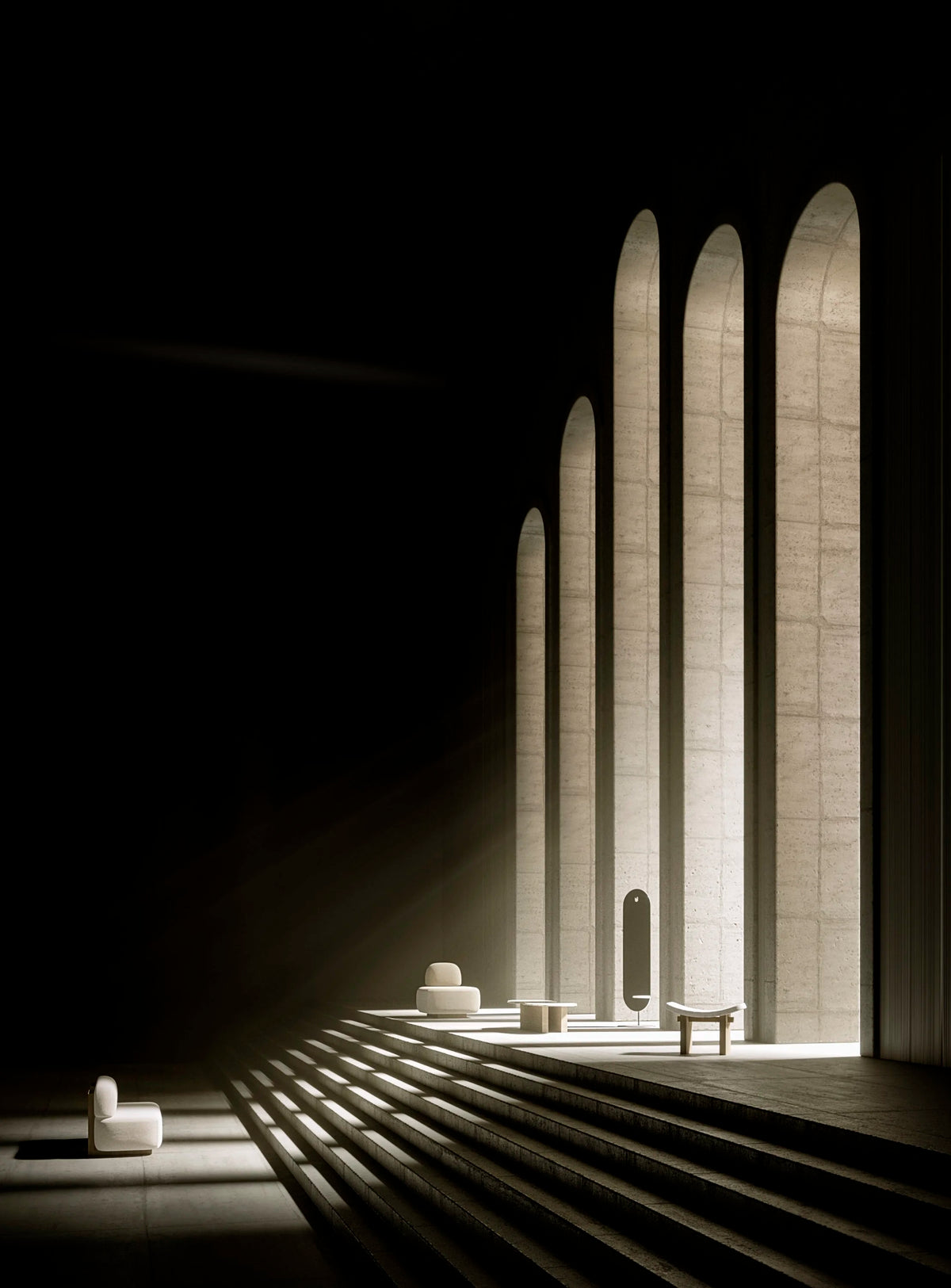 Yoshida Modular Sectional Sofa in a dramatic arched hall with light shafts