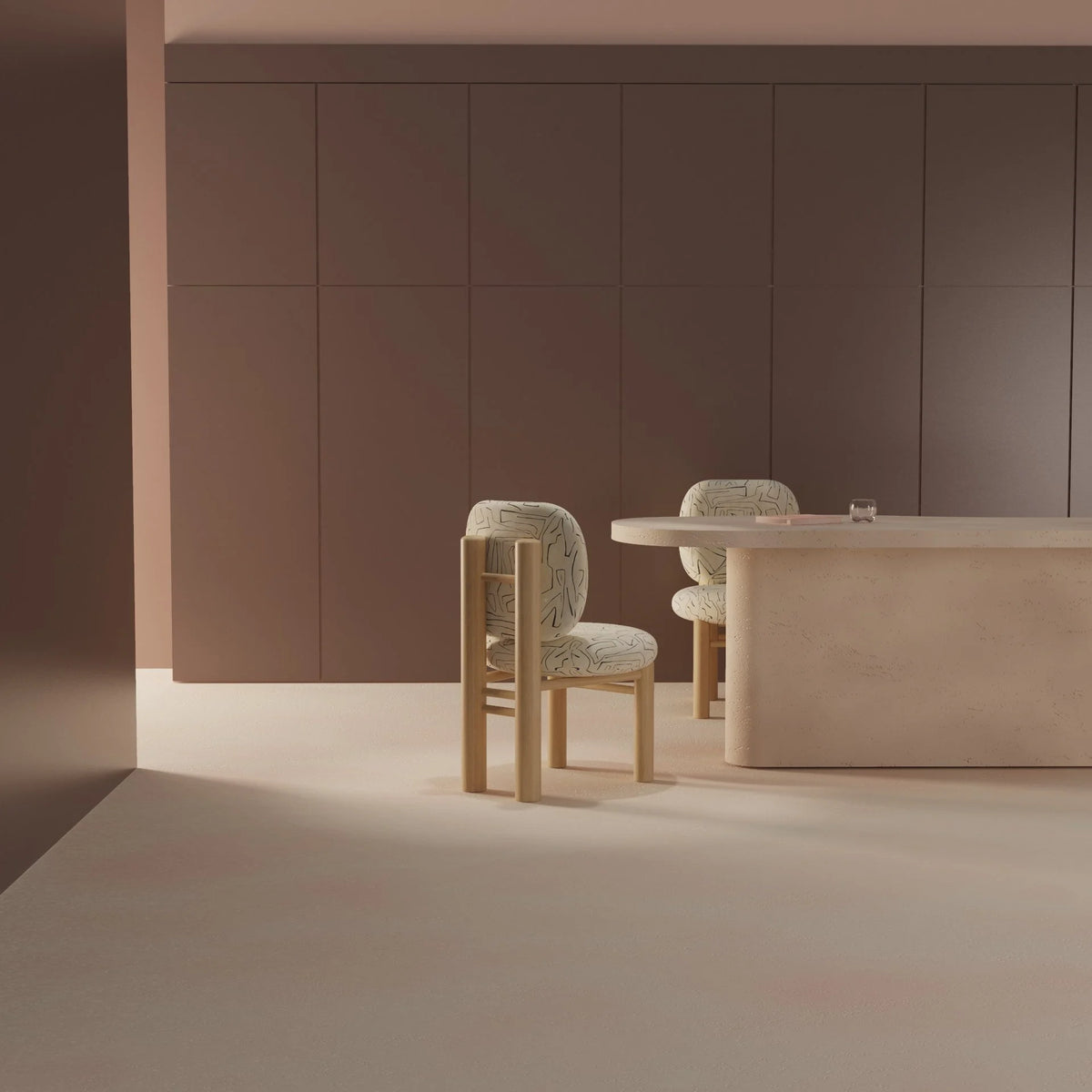 Aimi Chair pair at a stone dining table in a taupe room