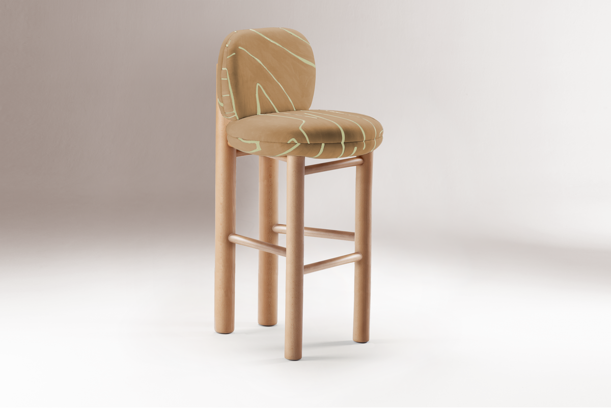 Aimi Bar Stool in tan fabric with gold line pattern and wood legs