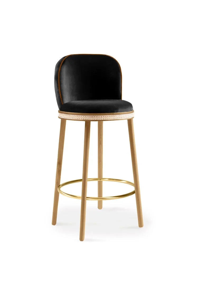 Alma Bar Stool in Black velvet on Natural Oak legs with Satin Brass footrest