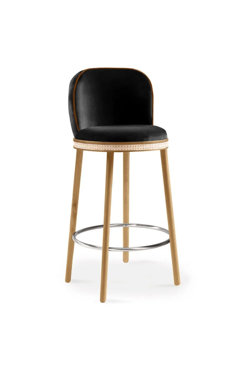 Alma Bar Stool in Black velvet on Natural Oak legs with Satin Nickel footrest