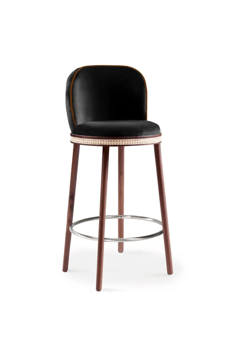 Alma Bar Stool in Black velvet on Natural Walnut legs with Satin Nickel footrest