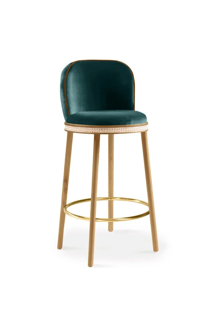 Alma Bar Stool in Duck velvet on Natural Oak legs with Satin Brass footrest