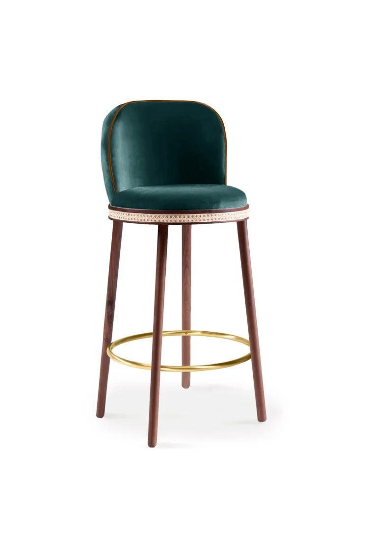 Alma Bar Stool in Duck velvet on Natural Walnut legs with Polished Brass footrest