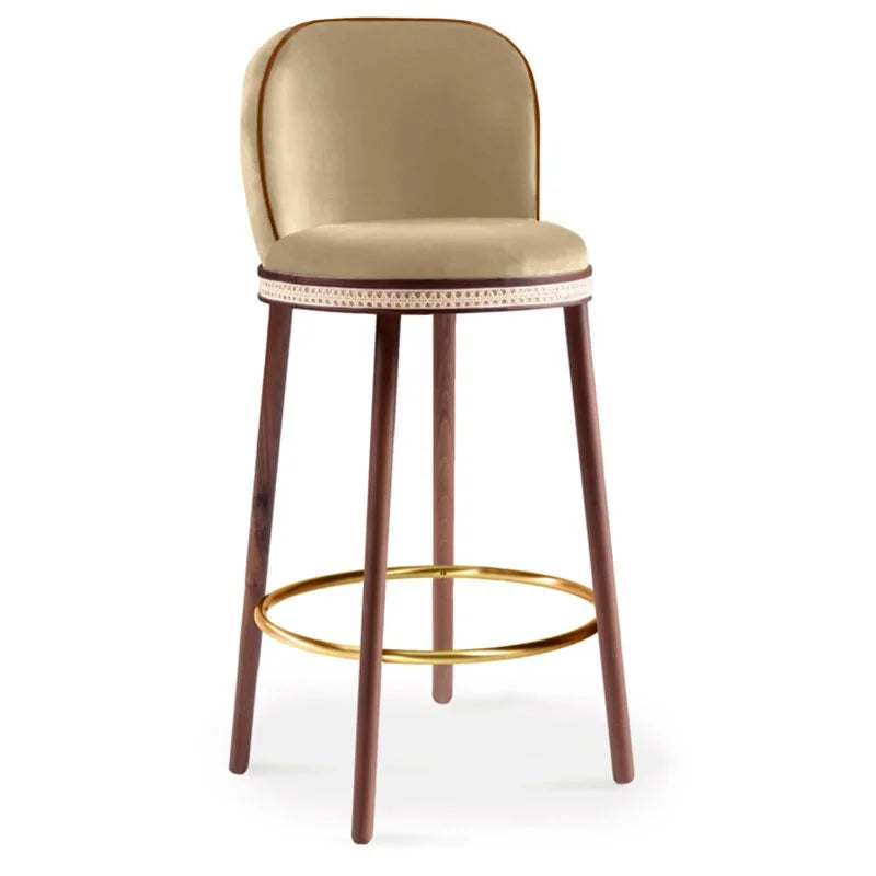 Alma Bar Stool in Dune velvet on Natural Walnut legs with Polished Brass footrest
