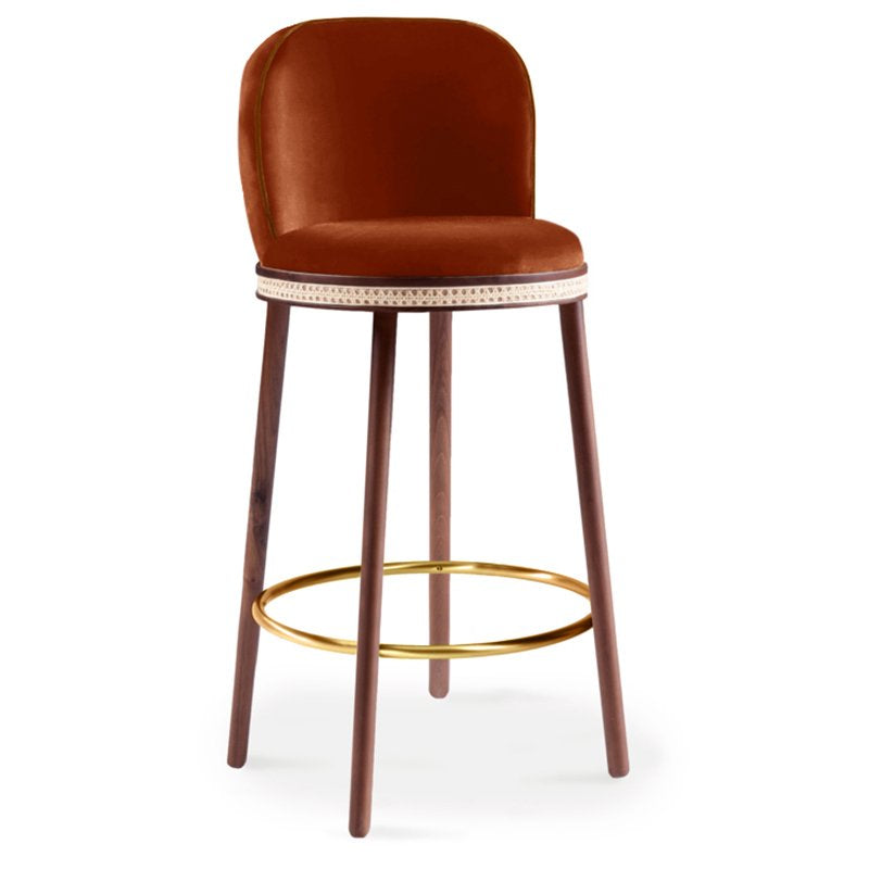 Alma Bar Stool in Fire velvet on Natural Walnut legs with Polished Brass footrest