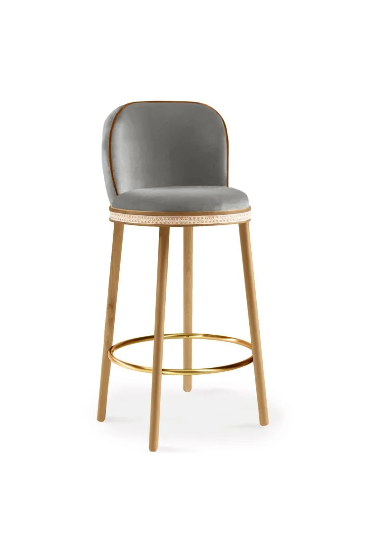 Alma Bar Stool in Fog velvet on Natural Oak legs with Polished Brass footrest