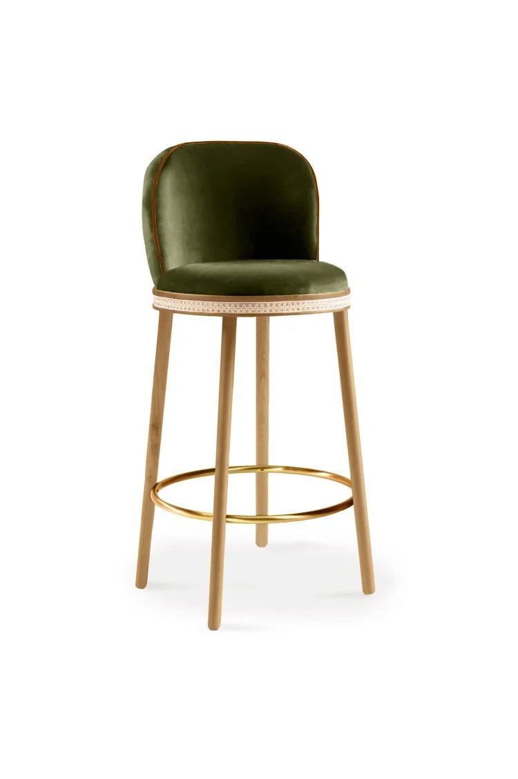 Alma Bar Stool in Kiwi velvet on Natural Oak legs with Polished Brass footrest
