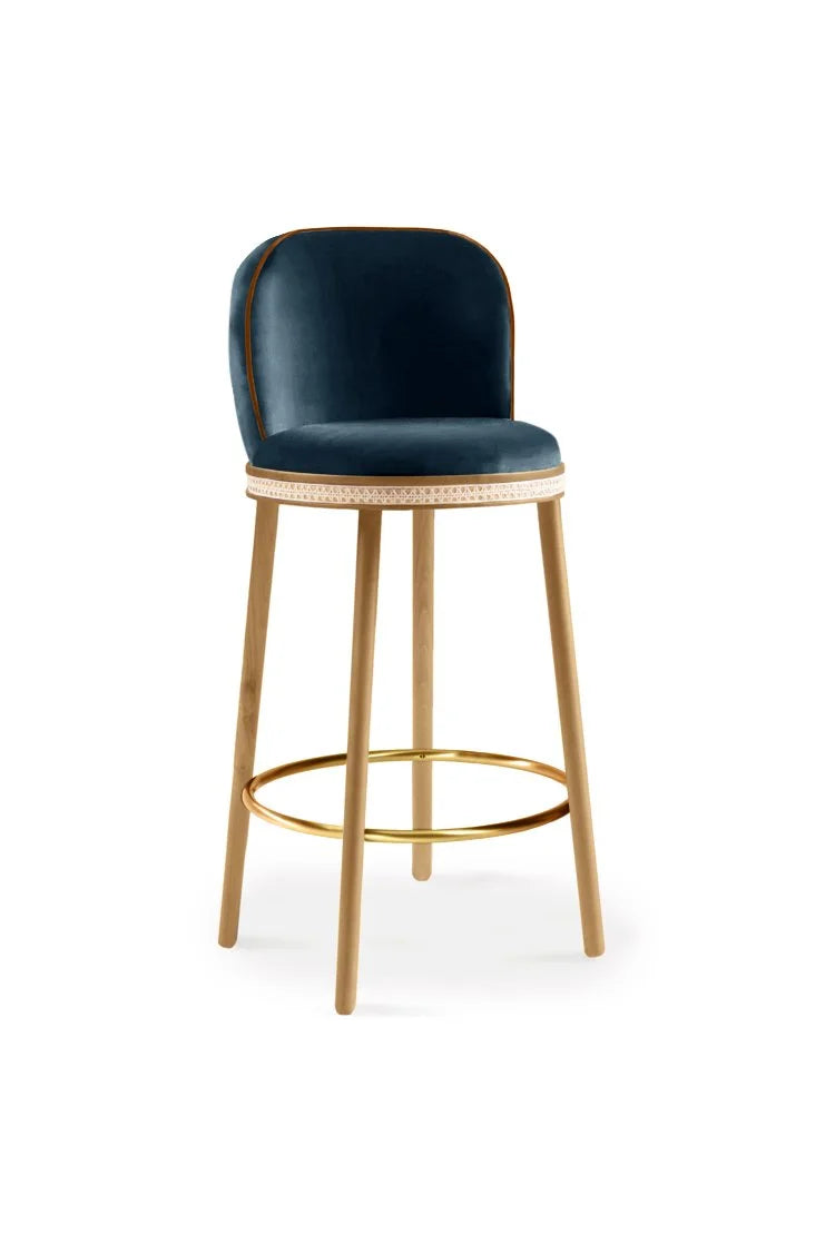 Alma Bar Stool in Méditerranée velvet on Natural Oak legs with Polished Brass footrest
