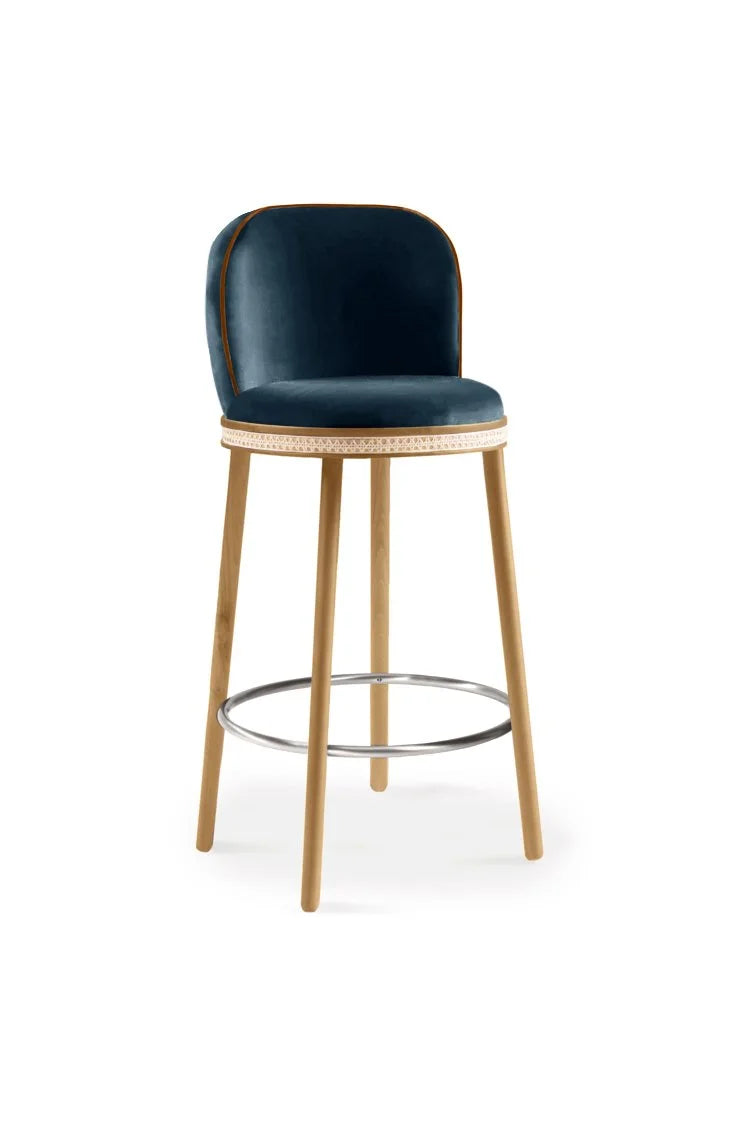 Alma Bar Stool in Méditerranée velvet on Natural Oak legs with Satin Nickel footrest