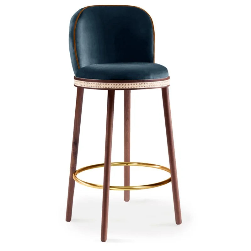 Alma Bar Stool in Méditerranée velvet on Natural Walnut legs with Polished Brass footrest