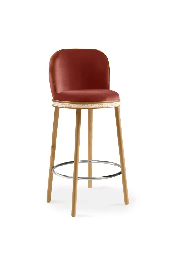Alma Bar Stool in Pêche velvet on Natural Oak legs with Polished Nickel footrest