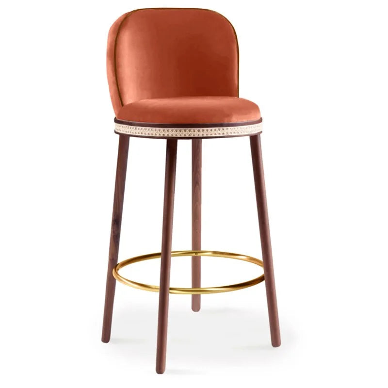 Alma Bar Stool in Papaye velvet on Natural Walnut legs with Polished Brass footrest