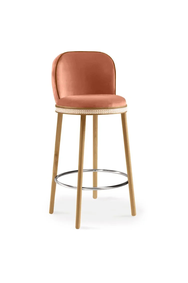 Alma Bar Stool in Powder velvet on Natural Oak legs with Polished Nickel footrest
