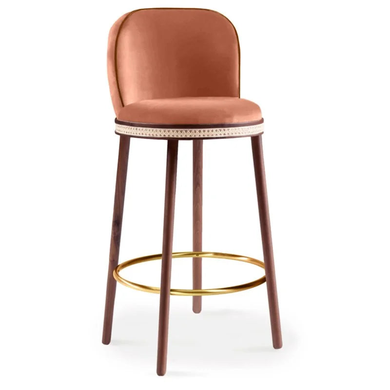Alma Bar Stool in Powder velvet on Natural Walnut legs with Polished Brass footrest