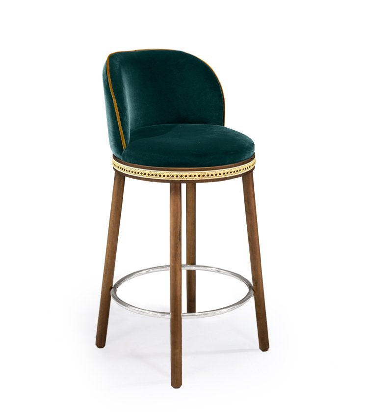 Alma Counter Stool in Duck velvet with natural walnut legs and satin nickel footrest
