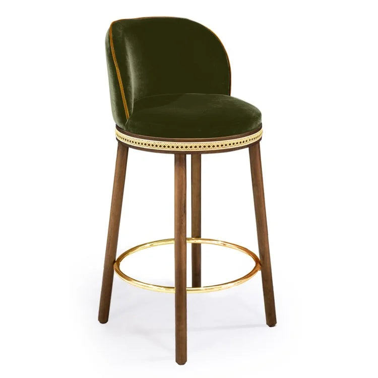 Alma Counter Stool in Kiwi velvet with natural walnut legs and polished brass footrest