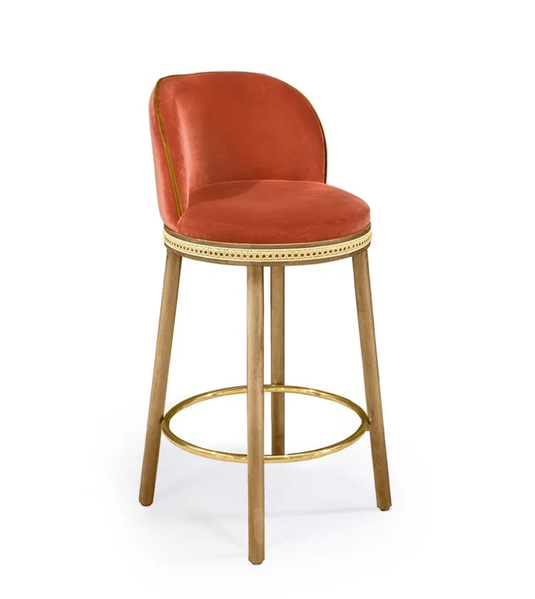 Alma Counter Stool in Papaye velvet with natural oak legs and satin brass footrest, alternate shot