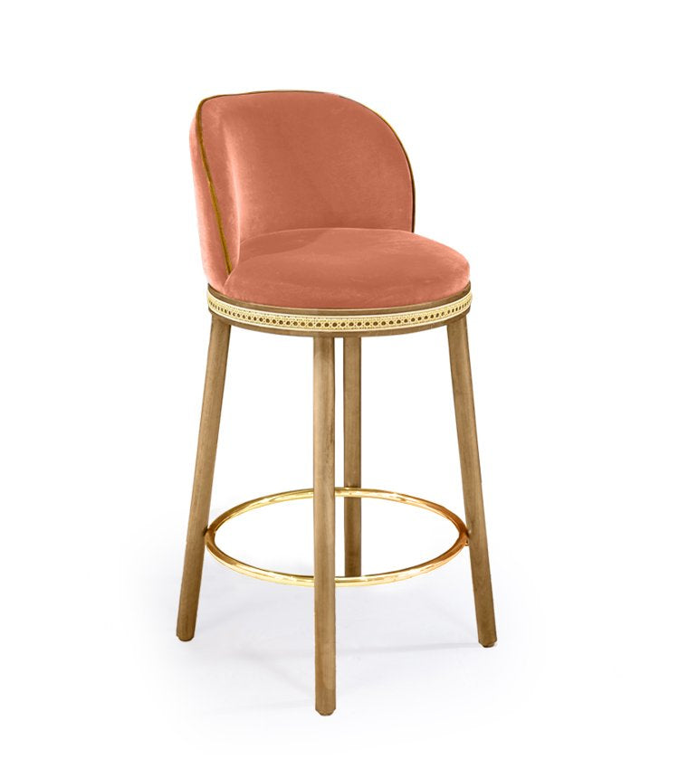 Alma Counter Stool in Powder velvet with natural oak legs and polished brass footrest