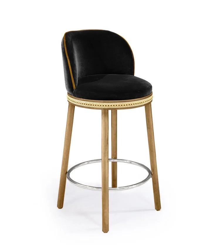 Alma Counter Stool in Simple Black velvet with natural oak legs and polished nickel footrest