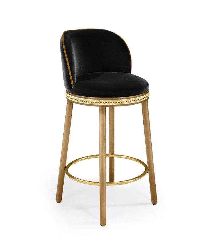 Alma Counter Stool in Simple Black velvet with natural oak legs and satin brass footrest