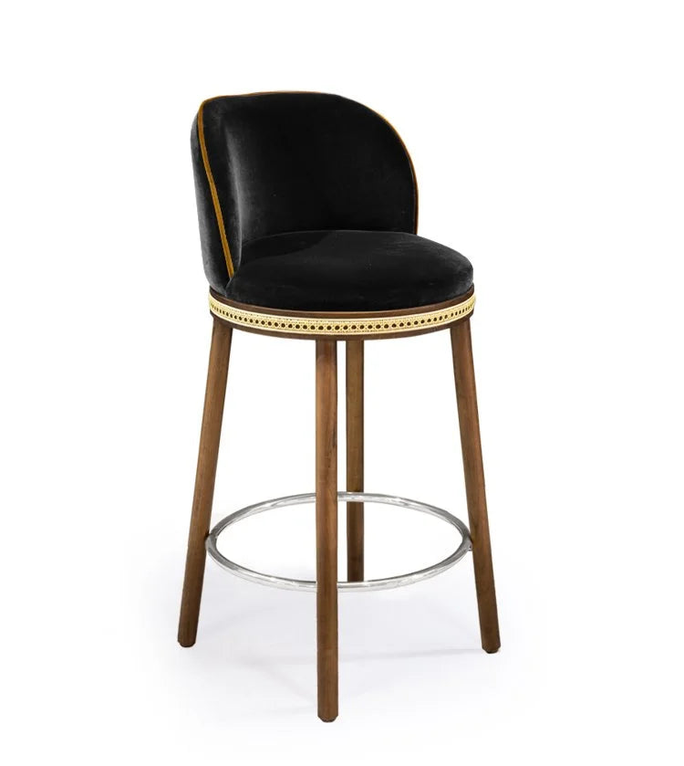 Alma Counter Stool in Simple Black velvet with natural walnut legs and satin nickel footrest